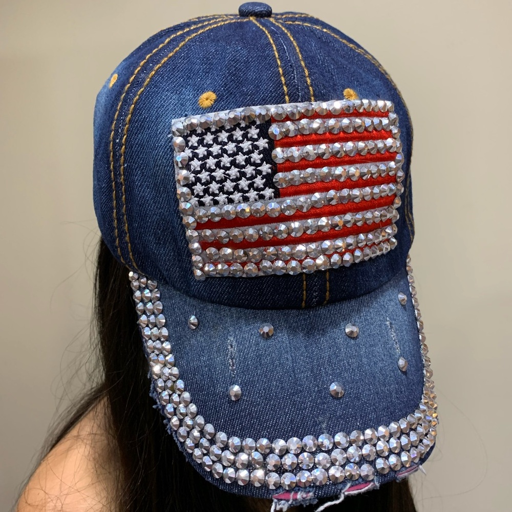 Blue denim jean American flag cap with bling